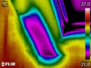 A clearly defined thermal pattern. Missing insulation below a velux window in an en suite