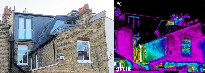 A thermal image of the back of a house in London, next to a non thermal image